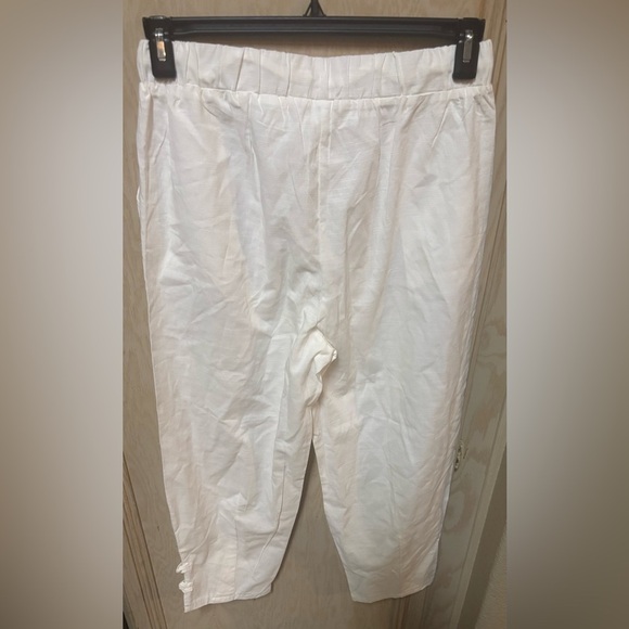 Linen Blend Pants Womens M White Cropped Summer Resort Comfort Capri Drawstring - Picture 1 of 2